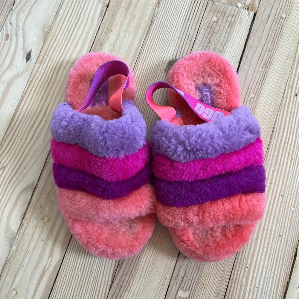UGG Fluff Yeah Slide Pink Purple Striped Sheepskin Slingback Sandals Kids Size 2